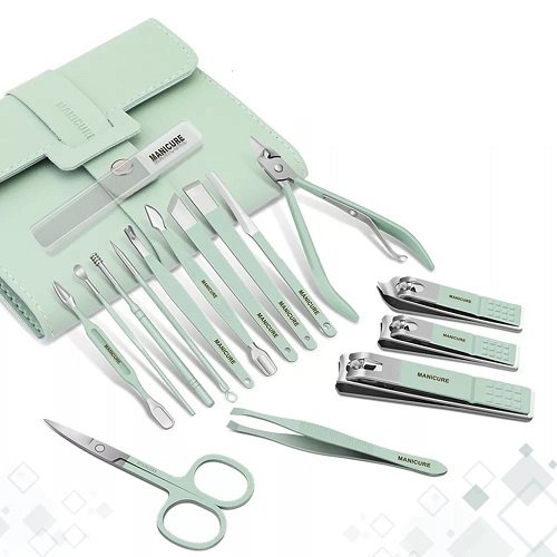 Professional Pedicure Kit Nail Clippers Portable Set Exfoliating Tools with PU Leather Case Green Manicure Set 16 in 1