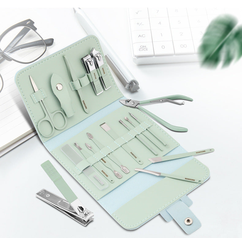 Professional Pedicure Kit Nail Clippers Portable Set Exfoliating Tools with PU Leather Case Green Manicure Set 16 in 1