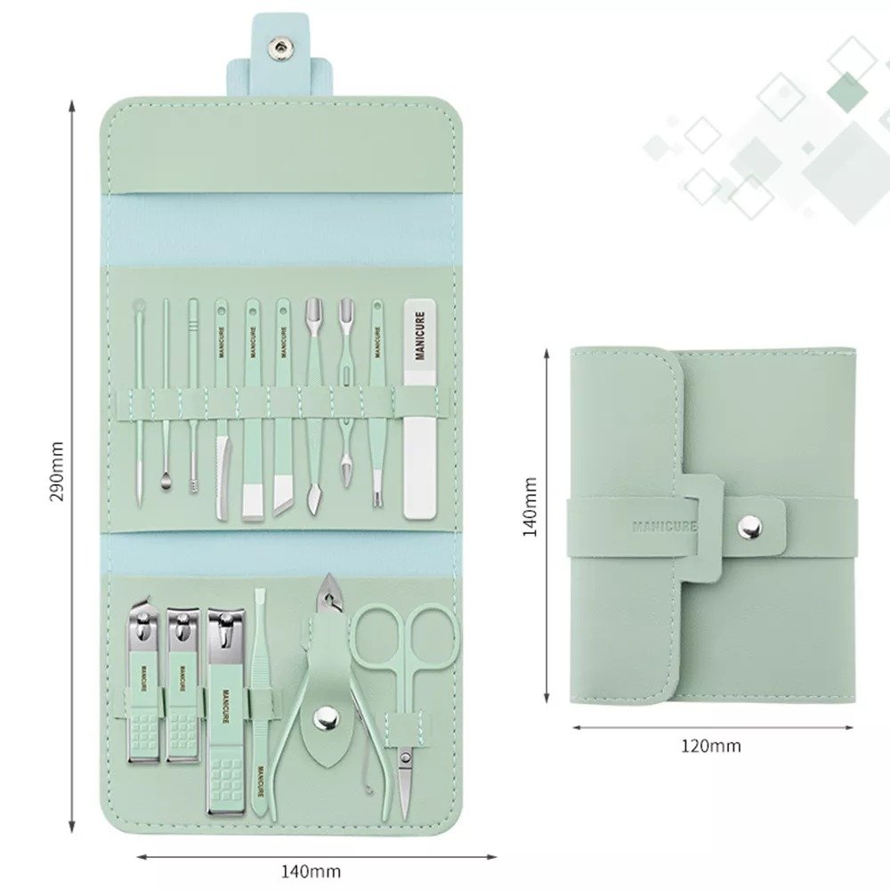 Professional Pedicure Kit Nail Clippers Portable Set Exfoliating Tools with PU Leather Case Green Manicure Set 16 in 1